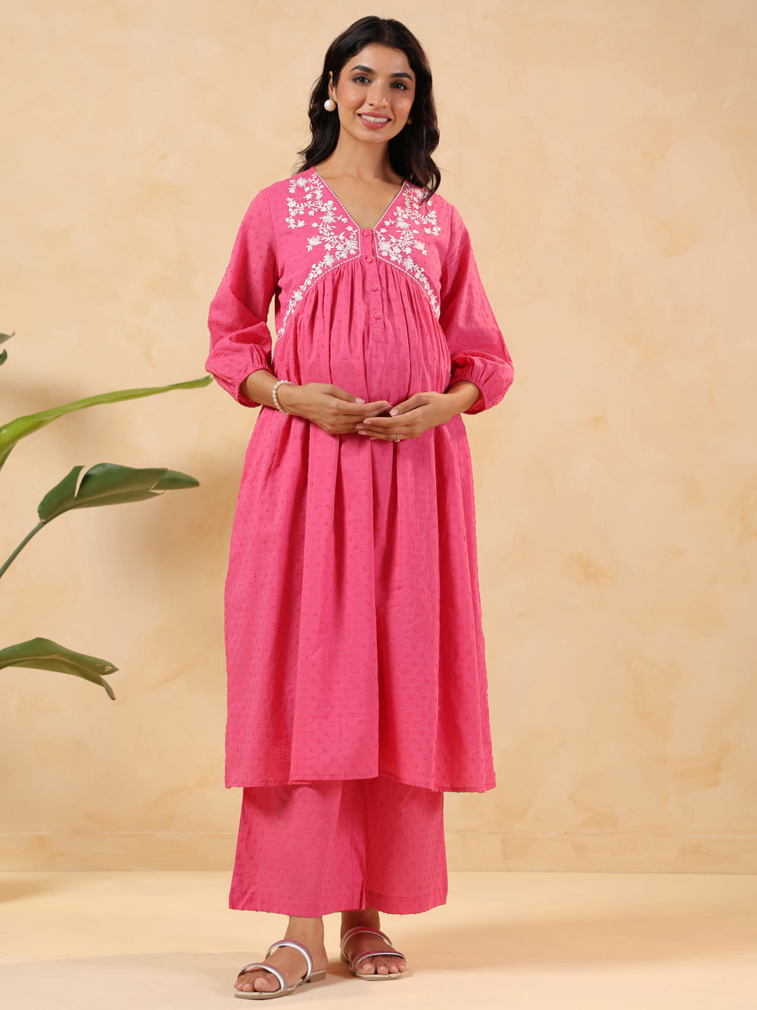 Janasya Women's Pink Dobby Pure Cotton Yoke Embroidery A-line Maternity Kurta Pant Set