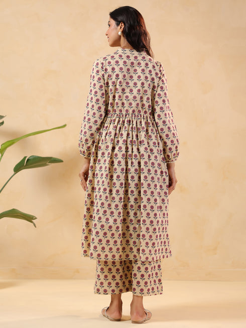 Janasya Women's Cream Pure Cotton Floral Printed A-line Maternity Kurta Pant Set
