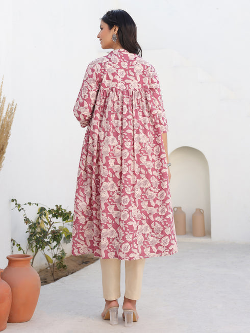 Mauve Pure Cotton Floral Printed Gathered Maternity Kurta