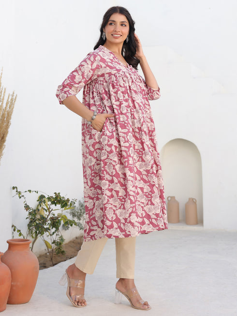 Mauve Pure Cotton Floral Printed Gathered Maternity Kurta
