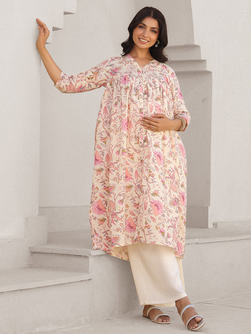 Cream Pure Cotton Floral Printed A-line Maternity Kurta