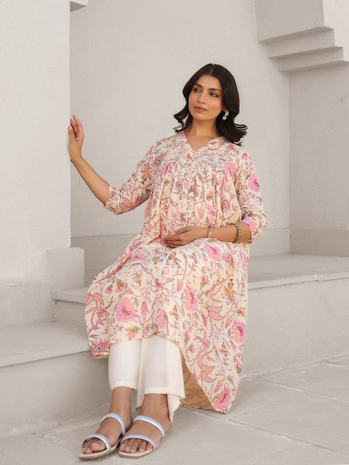 Cream Pure Cotton Floral Printed A-line Maternity Kurta