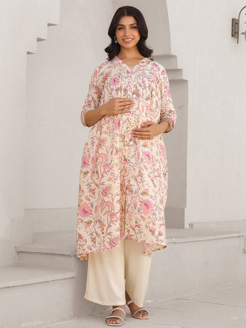 Cream Pure Cotton Floral Printed A-line Maternity Kurta