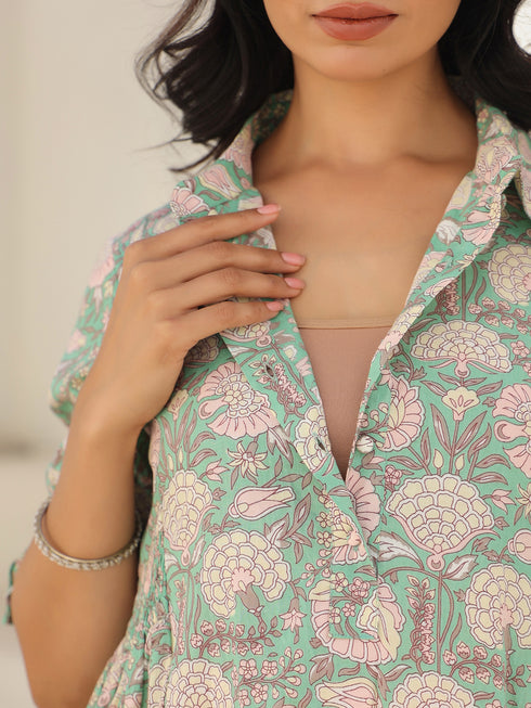 Light Green Pure Cotton Floral Printed A-line Maternity Kurta