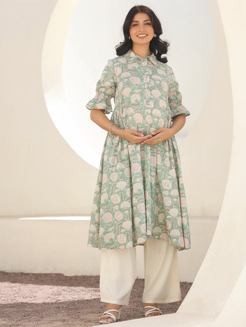Light Green Pure Cotton Floral Printed A-line Maternity Kurta