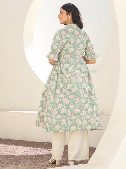 Light Green Pure Cotton Floral Printed A-line Maternity Kurta
