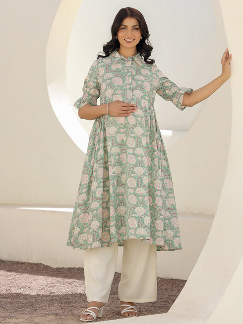 Light Green Pure Cotton Floral Printed A-line Maternity Kurta