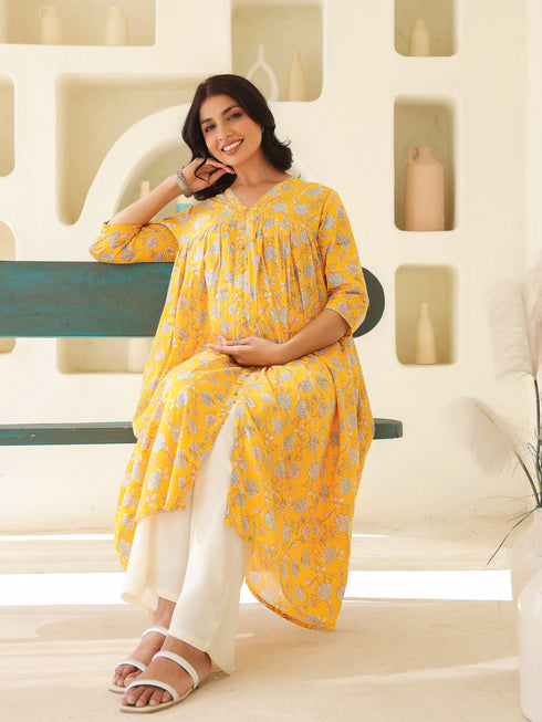 Yellow Pure Cotton Floral Printed Empire Maternity Kurta
