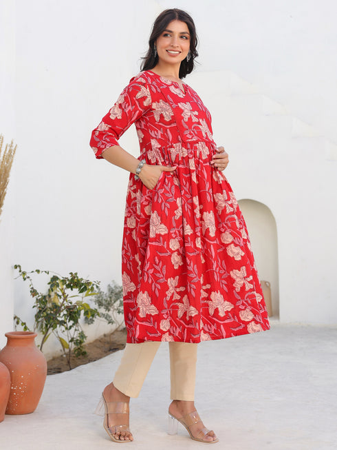 Red Pure Cotton Floral Printed A-line Maternity Kurta