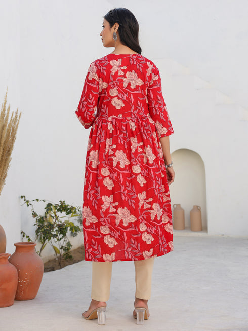 Red Pure Cotton Floral Printed A-line Maternity Kurta