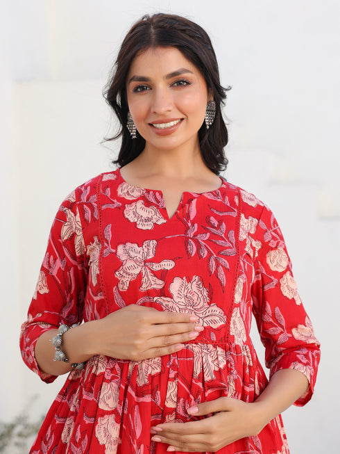 Red Pure Cotton Floral Printed A-line Maternity Kurta