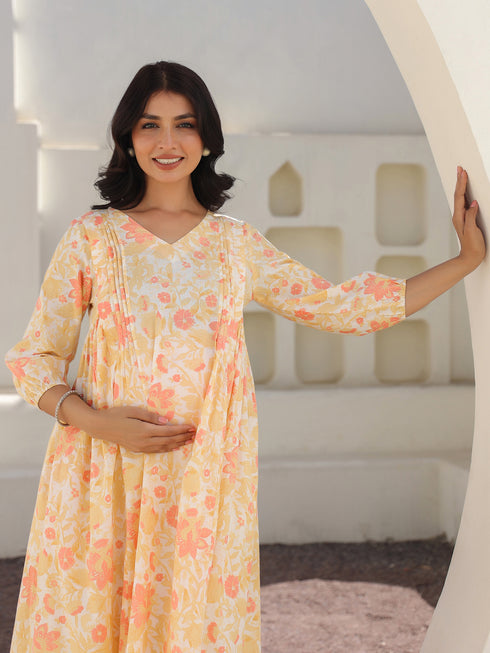 Off White Pure Cotton Floral Printed A-line Maternity Kurta