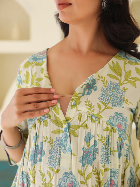 Off White Pure Cotton Floral Printed A-line Maternity Kurta