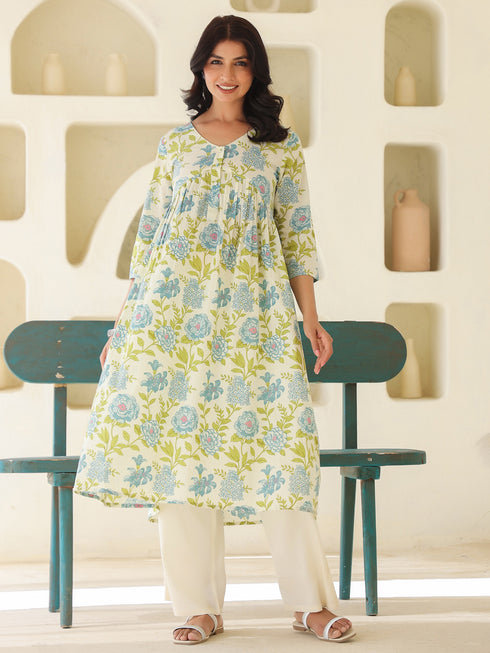 Off White Pure Cotton Floral Printed A-line Maternity Kurta