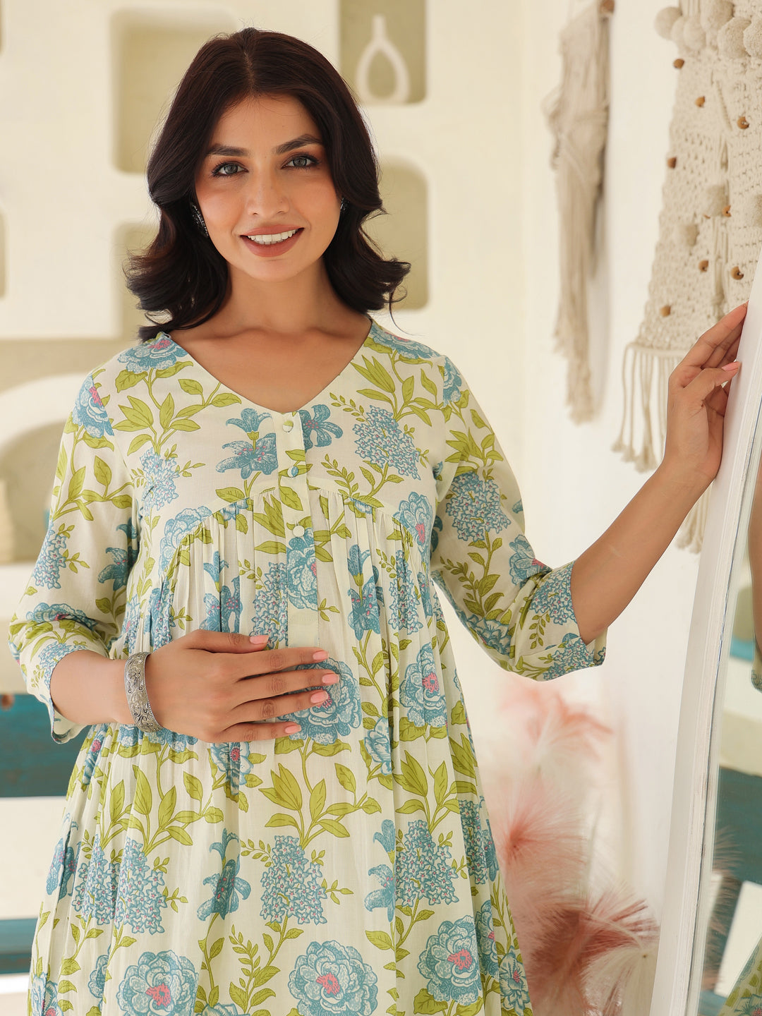 Off White Pure Cotton Floral Printed A-line Maternity Kurta