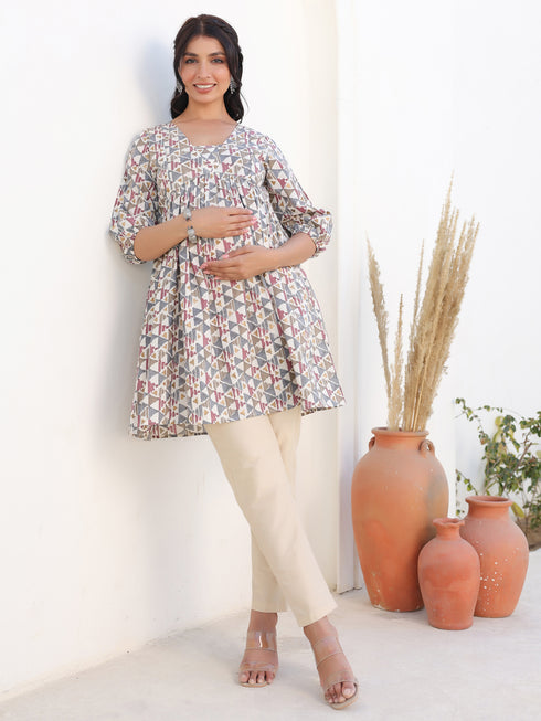 Cream Pure Cotton Geometric Printed A-line Maternity Tunic