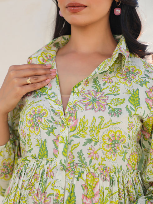 Green Pure Cotton Floral Printed Tiered Maternity Tunic