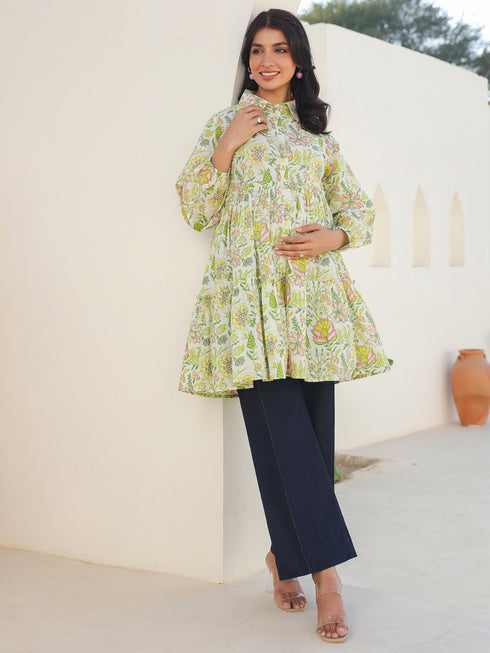 Green Pure Cotton Floral Printed Tiered Maternity Tunic