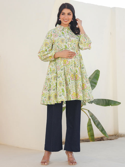 Green Pure Cotton Floral Printed Tiered Maternity Tunic