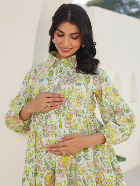 Green Pure Cotton Floral Printed Tiered Maternity Tunic