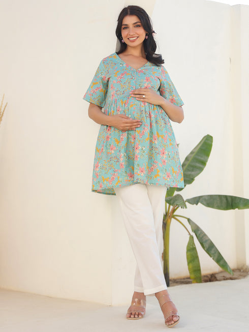 Blue Pure Cotton Floral Printed A-line Maternity Tunic