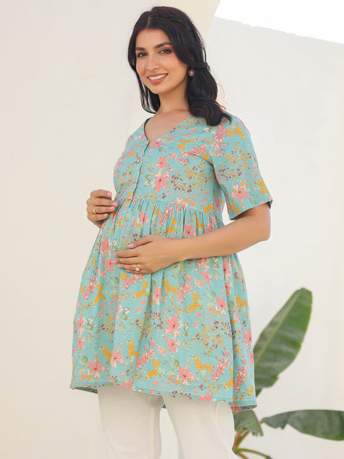 Blue Pure Cotton Floral Printed A-line Maternity Tunic