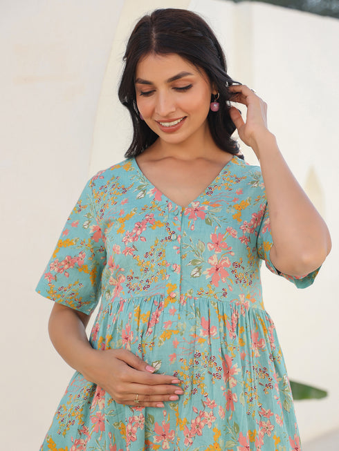 Blue Pure Cotton Floral Printed A-line Maternity Tunic