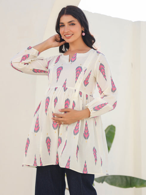 Off White Pure Cotton Ikkat Printed A-line Maternity Tunic
