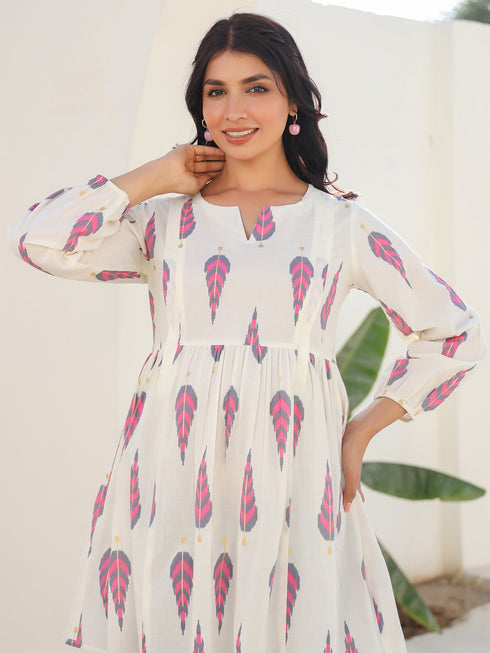 Off White Pure Cotton Ikkat Printed A-line Maternity Tunic