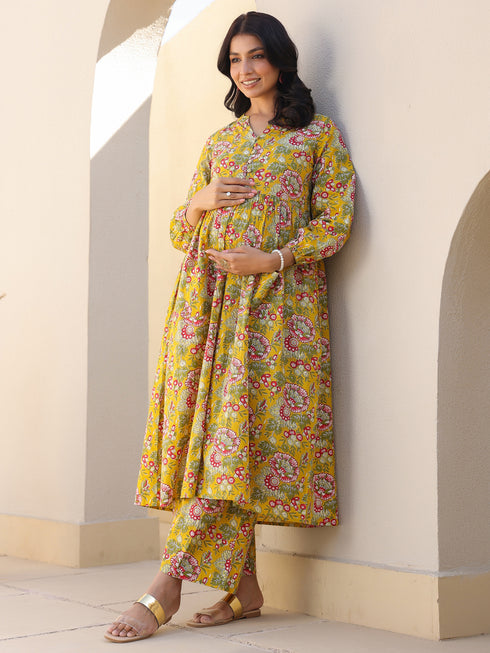 Maternity Women's Mustard Pure Cotton Floral Printed A-line Kurta Set