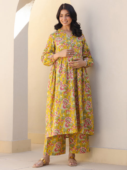 Maternity Women's Mustard Pure Cotton Floral Printed A-line Kurta Set