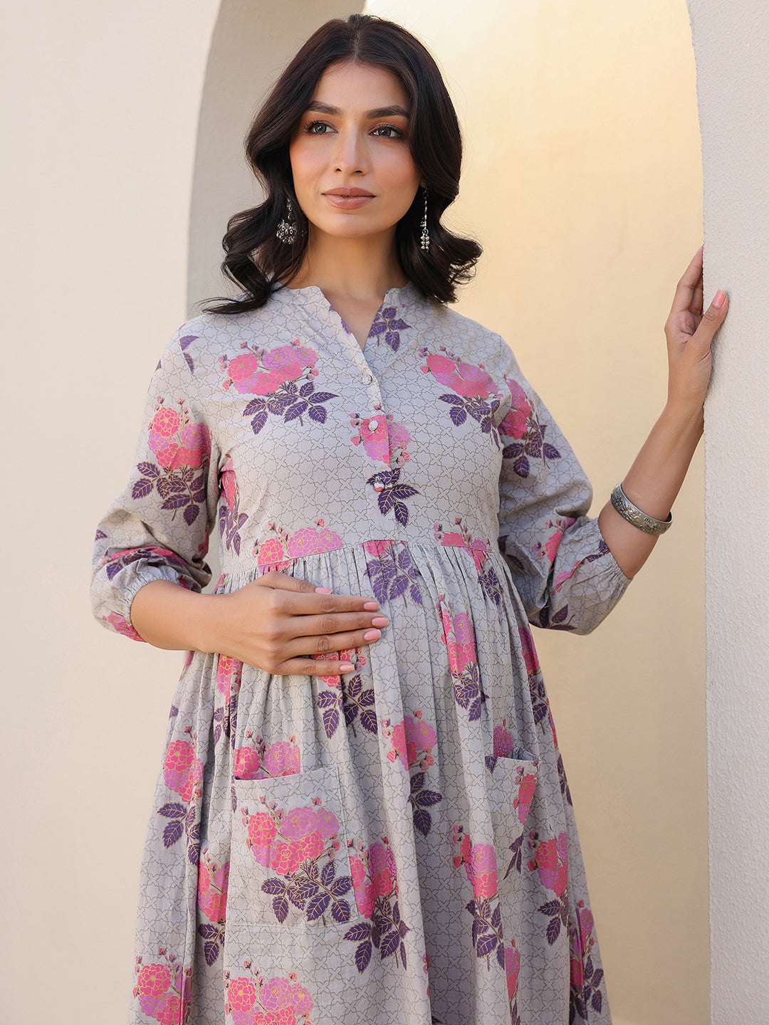 Grey Pure Cotton Foil Printed Flared Maternity Kurta Set