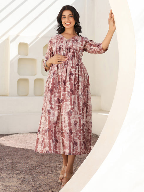 Mauve Pure Cotton Tie-dye A-line Maternity Dress