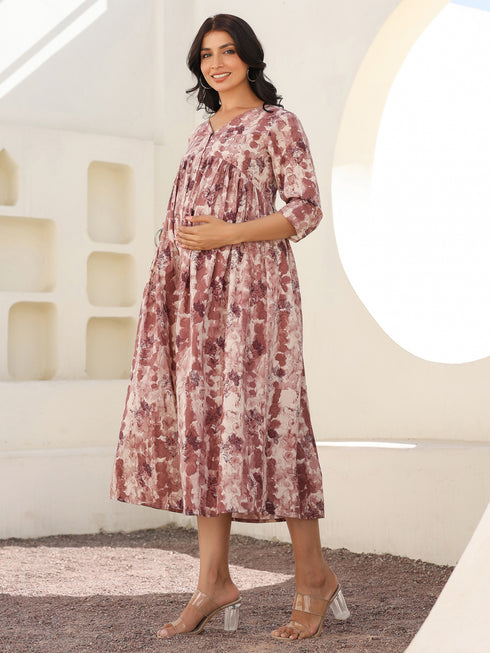 Mauve Pure Cotton Tie-dye A-line Maternity Dress