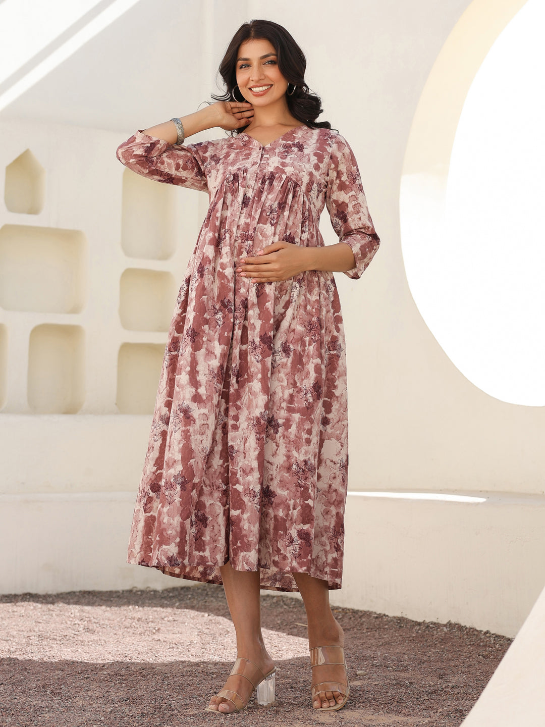 Mauve Pure Cotton Tie-dye A-line Maternity Dress