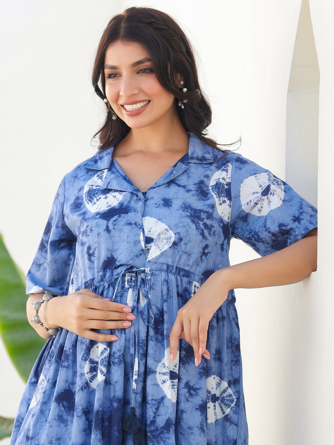Blue Pure Cotton Tie & Dye Gathered Maternity Dress