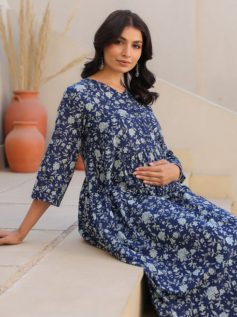 Indigo Pure Cotton Floral Printed Gathered Maternity Kurta Set