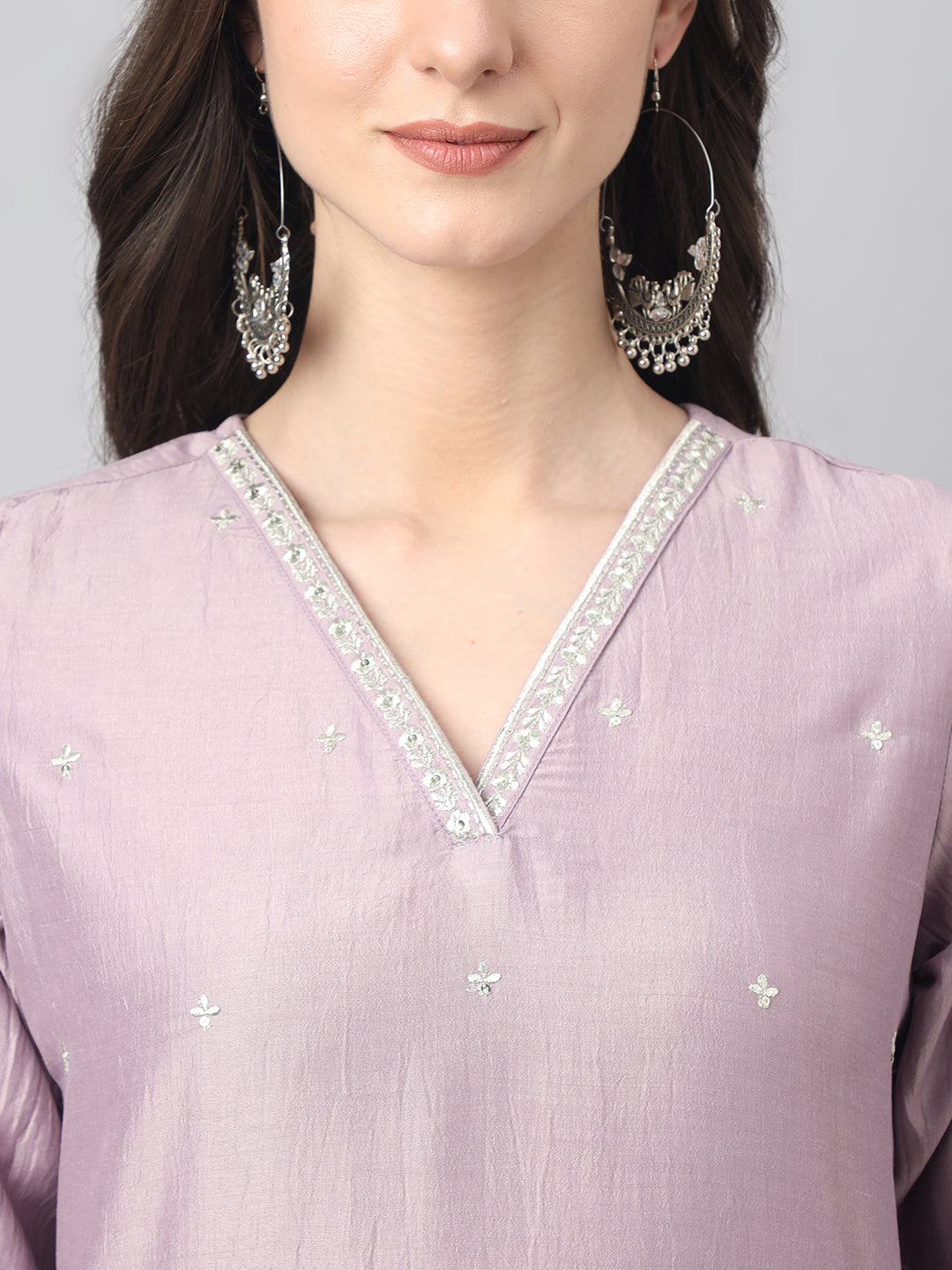 Women's Lavender Chinon Embellished Kurta with Pant and Dupatta Janasya