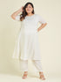 Janasya Women's Plus Size Off White Dobby Pure Cotton Self Design A-line Kurta Pant Set