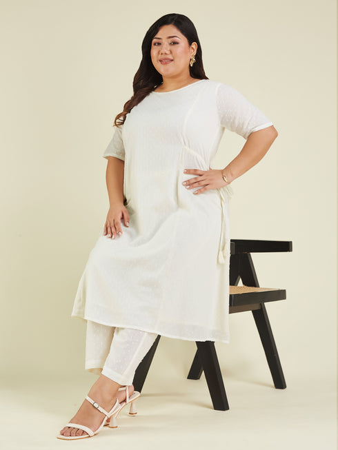 Janasya Women's Plus Size Off White Dobby Pure Cotton Self Design A-line Kurta Pant Set