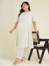 Janasya Women's Plus Size Off White Dobby Pure Cotton Self Design A-line Kurta Pant Set