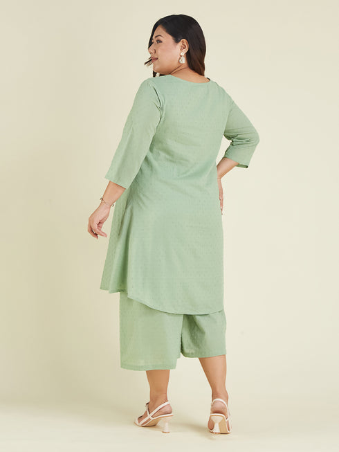 Janasya Women's Plus Size Green Dobby Pure Cotton Solid A-line Kurta Set