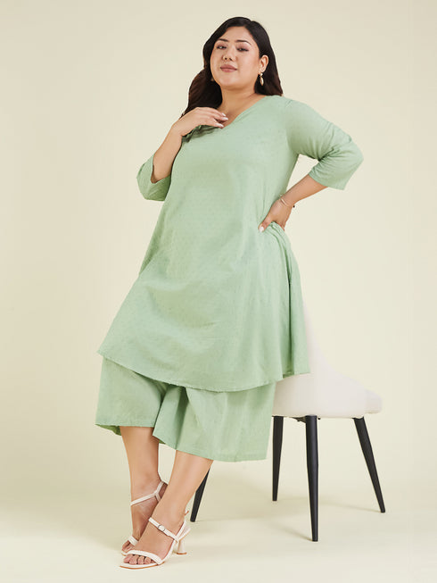 Janasya Women's Plus Size Green Dobby Pure Cotton Solid A-line Kurta Set