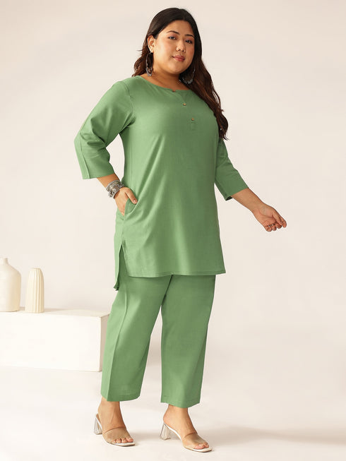 Plus Size Green Cotton Solid A-line Co-ord Set