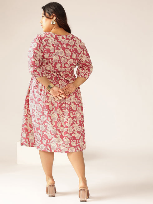 Plus Size Mauve Pure Cotton Floral Printed Gathered Dress