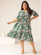 Plus Size Green Pure Cotton Floral Printed Tiered Dress