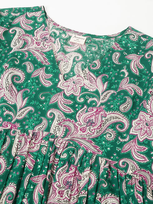 Plus Size Green Pure Cotton Floral Printed Tiered Dress