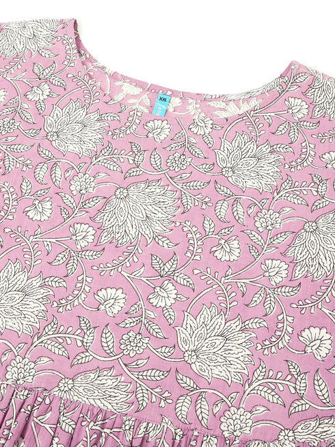Plus Size Lavender Pure Cotton Floral Printed Tiered Dress