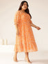 Plus Size Orange Georgette Floral Printed Tiered Dress