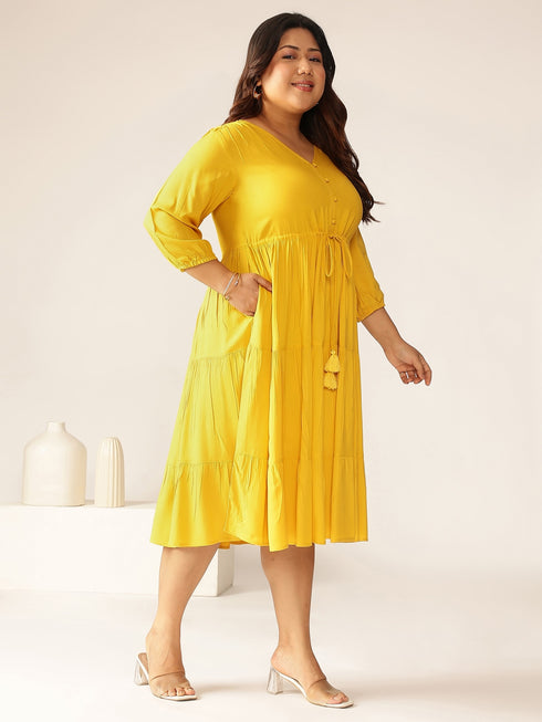 Plus Size Mustard Rayon Solid Tiered Dress
